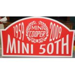Large Mini Cooper Mini 50th Anniversary commemorative sign in the form of a rally plate. 195cm