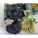 Box containing various bags and other fishing/hunting accessories; two duffle bags; one larger