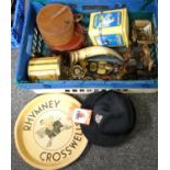 A box of assorted items to include; Rhymney Crosswells advertising pub tray, lady's firewoman hat,