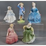 Five Royal Doulton bone china figurines to include: ' Little Boy Blue', 'Rose', 'Dinky Do' etc. (
