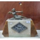 Art Deco design marble geometric mantle clock with female archer figure and diamond shaped