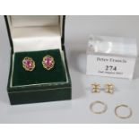 Pair of 9ct gold and red stone earrings together with pair of small hoop earrings and another pair