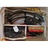 Tinplate clockwork O gauge train set comprising: locomotive, tender and carriage with track in
