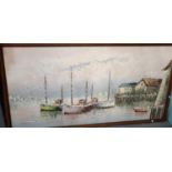French School (20th century), large furnishing study of moored fishing vessels, oils on canvas.