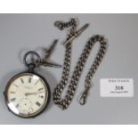 Silver keyless lever open faced pocket watch with Roman face and seconds dial, together with a