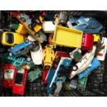 Box of playworn diecast model vehicles to include: Dinky, spectrum, Pursuit Vehicle, Maximum
