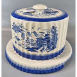 19th Century Copeland blue and white transfer printed cheese dome on stand in Chinoiserie design. (