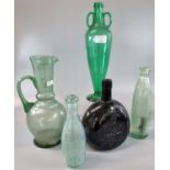 Collection of glass to include: soda and green glass jug and vase, Schweppes vintage bottle, another