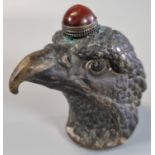Cold painted bronze snuff box in the shape of an eagle head with a red cabochon stone snuff spoon