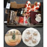 Box of mixed items to include: pottery dog bowl, pair of Staffordshire seated fireside spaniels,