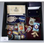 Collection of Masonic regalia to include: two 9ct gold stick pins, hallmarked silver medals/