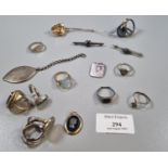 Bag of assorted silver and other dress rings, brooch, hardstone pendant, 9th Lancers silver tag etc.