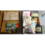 Fishing tackle box and contents including: line, shot etc. together with another box containing