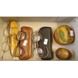 Collection of vintage spectacles some in original cases together with a graduates set of treen