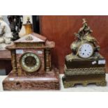 Late 19th century pink veined marble architectural two train mantle clock with gilt metal mounts and