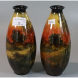 Pair of Doulton Burslem Holbein ware vases of ovoid form, hand painted with scenes of fields and