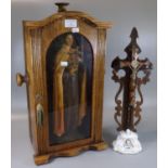 Wooden cased devotional figure of The Virgin Mary with hinged glass door. Overall 52cm high