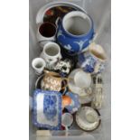 Box of assorted china to include: collectors plate, Wedgwood Jasperware urn and trinket box, blue