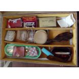 Wooden box comprising assorted oddments to include: vintage spectacles, Valet Autostrop safety
