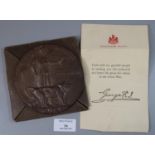 WW1 bronze Death Penny/plaque for Joseph Morgan with printed certificate from George V in envelope