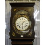 19th century French pine long case clock, overall with painted floral decoration and having Roman