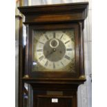 17th century style oak eight day long case clock having brass face with Roman silvered chapter