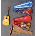 Acoustic guitar (no strings) together with two student violins in hard cases. (3) (B.P. 21% + VAT)