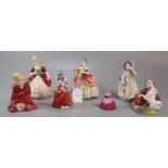 Seven Royal Doulton bone china figurines to include: 'Home Again', 'Babie', 'The Little Pig' etc. (