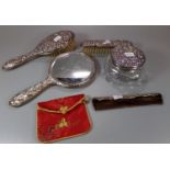 Early 20th century ladies dressing table set comprising: hand mirror, two brushes and a glass jar