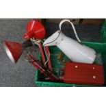 Box of assorted items to include: two red anglepoise lamps, large enamel jug and a red petrol can