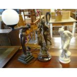 Modern parianware type classical figure of a semi-nude lady together with a French spelter figure