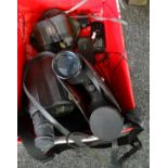 Box of assorted items to include; a cased pair of Superlite binoculars 10x50, Samsung B725II compact