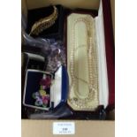 Box of assorted costume and other jewellery to include: pearls, filigree brooches; one in the form