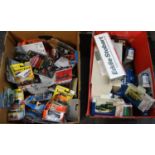 Two boxes of diecast model vehicles to include: Hot Wheels, Matchbox Superfast, Lledo, Days Gone,