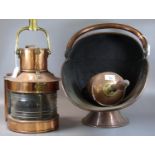 Copper and brass ship's lantern marked Mackay Glasgow. Together with a copper helmet shaped coal
