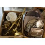 Two boxes mostly of metalware to include: silver plated trays and serving dishes, glass cruet items,