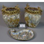 Pair of Doulton and Rix Marqueterie fluted vases with reticulated rims and mythical mask gilded