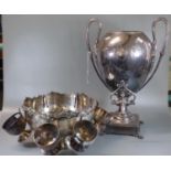 Late Victorian silver plated two handled samovar (missing its lid), together with a silver plated