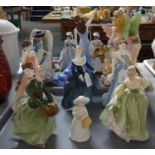 Tray of Royal Doulton figurines to include: 'Abigail' HN4044, 'Georgina' HN4047, 'Fragrance'