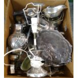 Box of metalware, mostly silver plate to include: pedestal bowl, table lamp, cruet stand, coffee