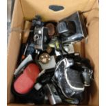 Box of assorted items, mostly camera equipment to include: a leather cased Zenit-E Moshva 80,