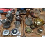 Two trays of metalware to include: copper trumpet vase, copper fondue set with turned wooden handle,