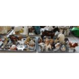 Two trays of mostly animal figures to include: Shire horse, Beswick rabbits, poodle and swan,