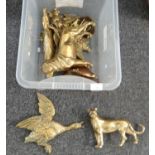 Box of various animal figures mostly brass; dogs, leopard, wall hanging ducks, donkey, cat's head,