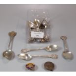 Collection of silver plated souvenir and other spoons and forks, some marked 'Miniature Society