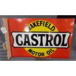 Original 'Wakefield Castrol Motor Oil' double sided flanged metal enamel advertising sign. 52x32cm