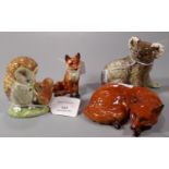 Collection of Beswick animals to include: Beatrix Potter owl and squirrel, koala bear and two foxes.