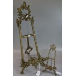 Brass Rococo design table top easel. 54cm high approx. Together with another brass miniature