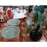 Collection of glass to include: soda and green glass jug and vase, Schweppes vintage bottle, another