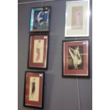 Group of five Art Deco style costume portrait prints in different frames. 25x20cm approx and 29x15cm